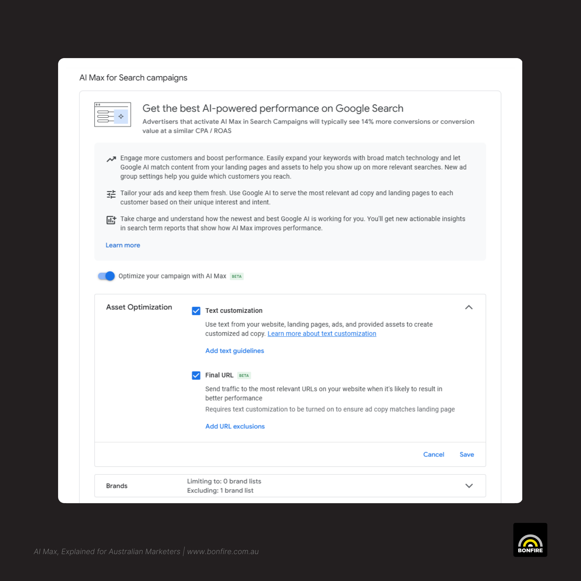 A screenshot of Google's AI Max ad settings, taken in September 2025.